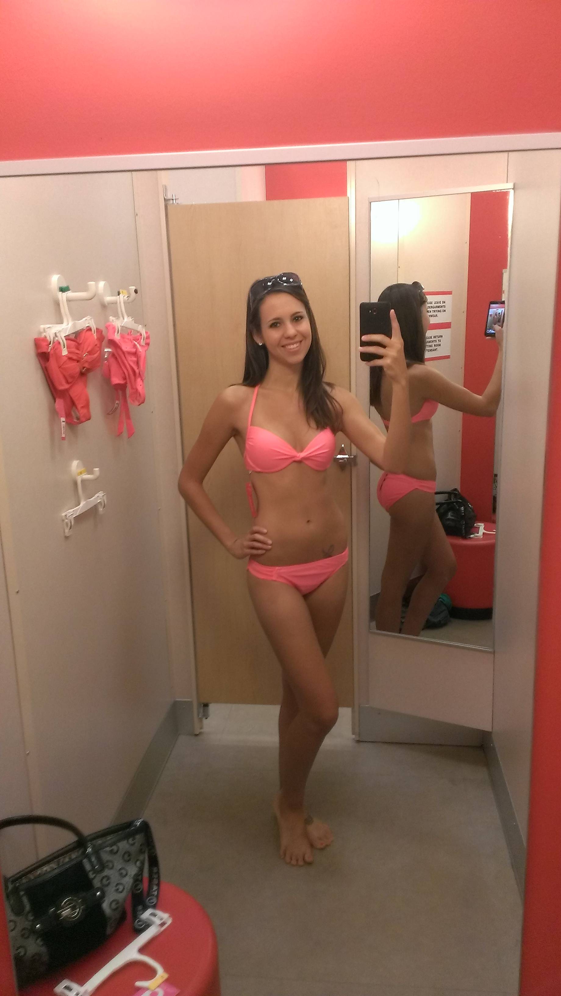 Wet after shower dressing room girl shows ass in bikini